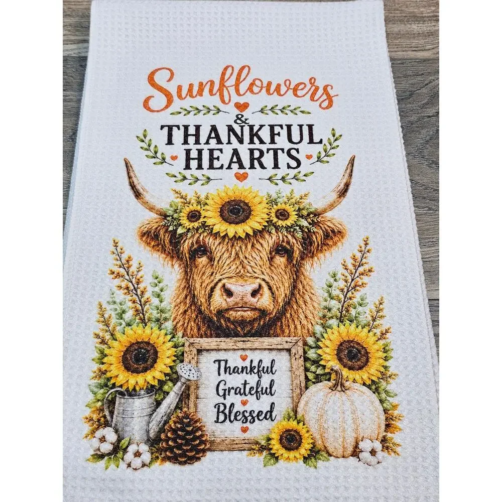 Highland Cow Thanksgiving Kitchen Towel Sunflower Thankful Fall Decor